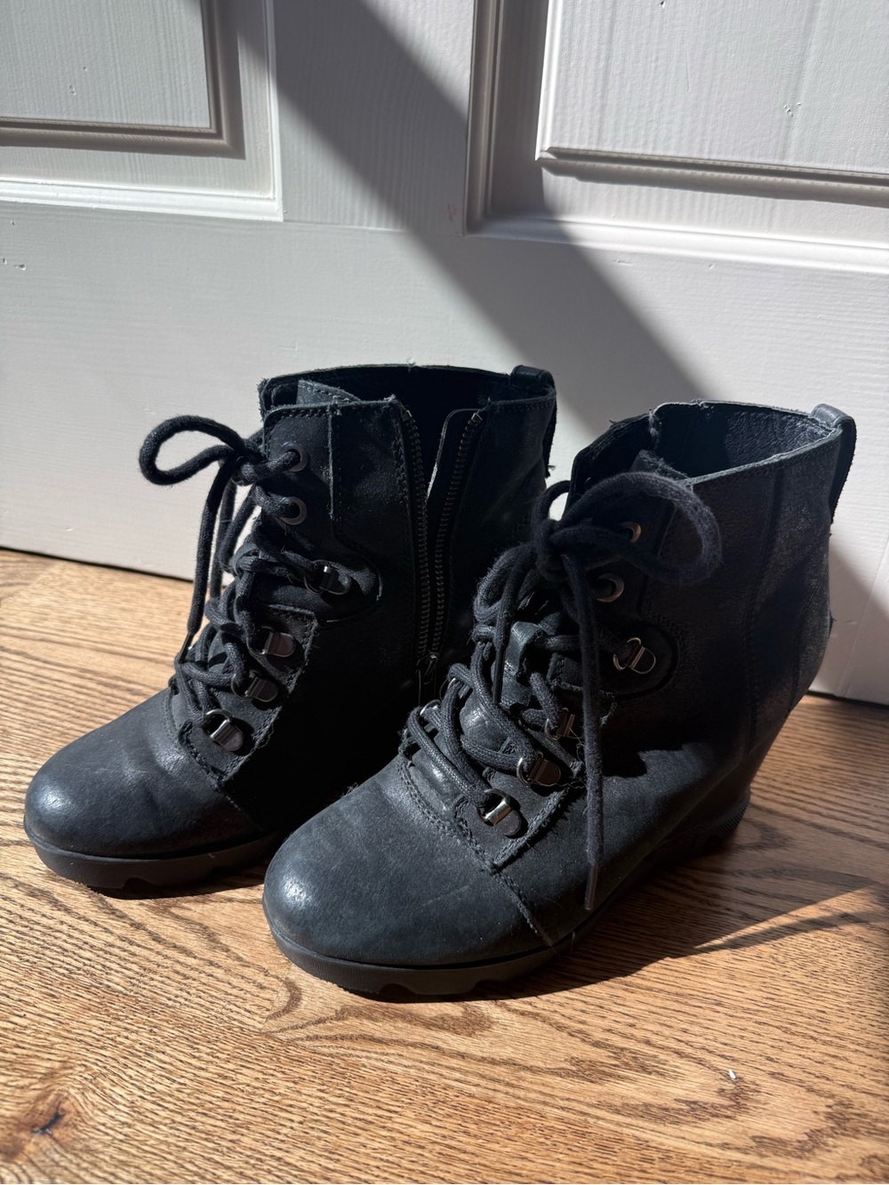 Sorel Black Lace-Up Wedge Ankle Boots